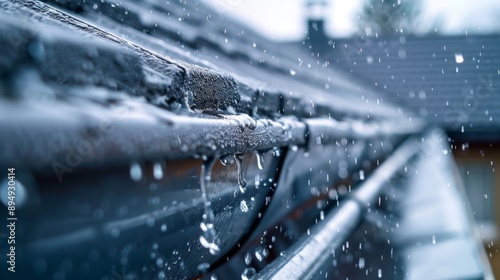 Rainwater Draining Through Gutter On Rainy Day - Raindrops falling from a roof, water flows through the gutter, a peaceful and calming scene symbolizing the cycle of nature, weather patterns