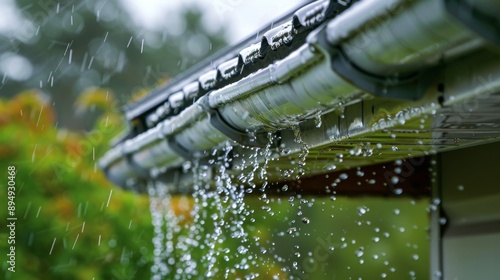 Rainwater Flowing Through Gutter On Roof - Rainwater flows through a gutter on a roof, with rain falling on the surrounding foliage. This symbolizes the cycle of nature, the flow of life photo