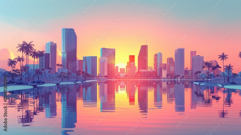 Sunset Glow Over Tranquil Cityscape With Palm Trees and Reflections Sunset Glow Over Tranquil Cityscape With Palm Trees and Reflections
