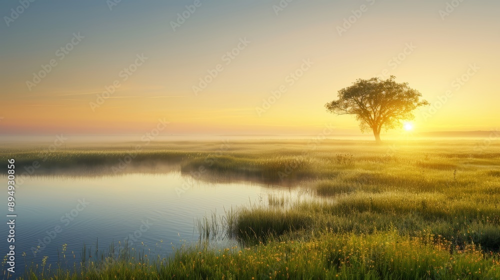 Serene sunrise over a tranquil river with a lone tree in the distance under a misty sky, casting a peaceful and reflective ambiance. Serene sunrise over a tranquil river with a lone tree in the distance under a misty sky, casting a peaceful and reflective ambiance.