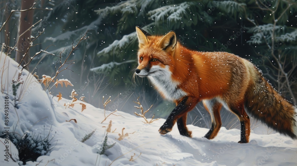 Fototapeta premium Elegant red fox exploring a pristine winter scene, its vibrant fur contrasting beautifully with the snow.