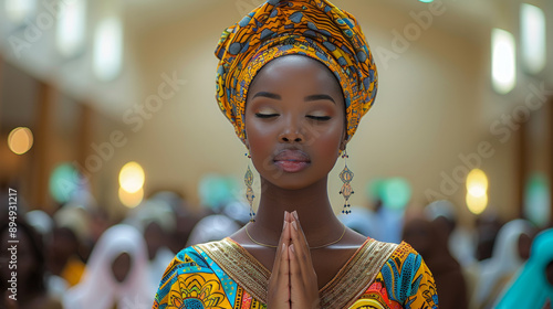 Young Woman Worshiping God at Church, Deep in Prayer, Christian Faith photo