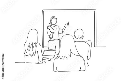 Lecturers teaching in class concept. Single line draw design vector graphic illustration.
