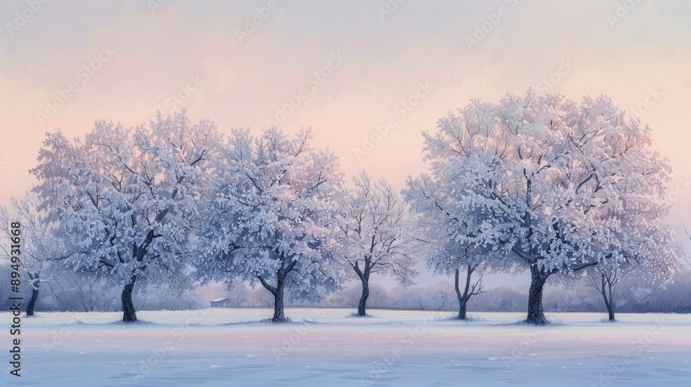 Frosty trees at twilight, capturing the serene beauty of a winter landscape bathed in soft, fading light. Frosty trees at twilight, capturing the serene beauty of a winter landscape bathed in soft, fading light.
