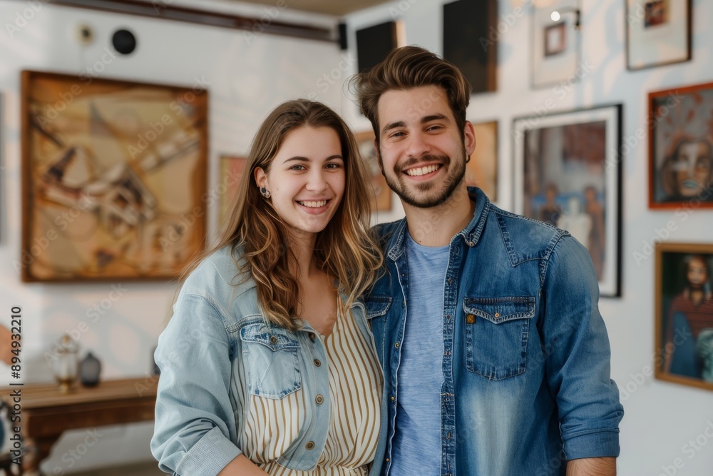 Portrait of a happy caucasian couple in their 20s visiting an art exhibition Portrait of a happy caucasian couple in their 20s visiting an art exhibition