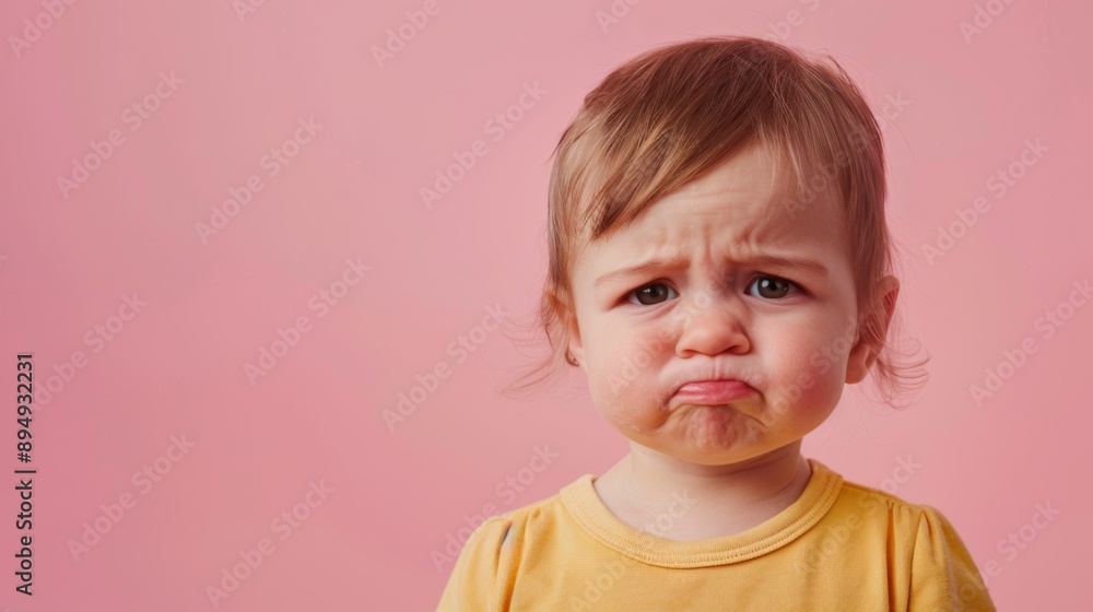 Sad Baby Girl Looking at Camera with Pink Background - A young baby girl with blonde hair is looking at the camera with a sad expression on her face. She is wearing a yellow shirt and is against a pin Sad Baby Girl Looking at Camera with Pink Background - A young baby girl with blonde hair is looking at the camera with a sad expression on her face. She is wearing a yellow shirt and is against a pin