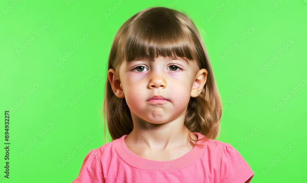 Portrait of a cute little girl with pink t-shirt on green background Portrait of a cute little girl with pink t-shirt on green background