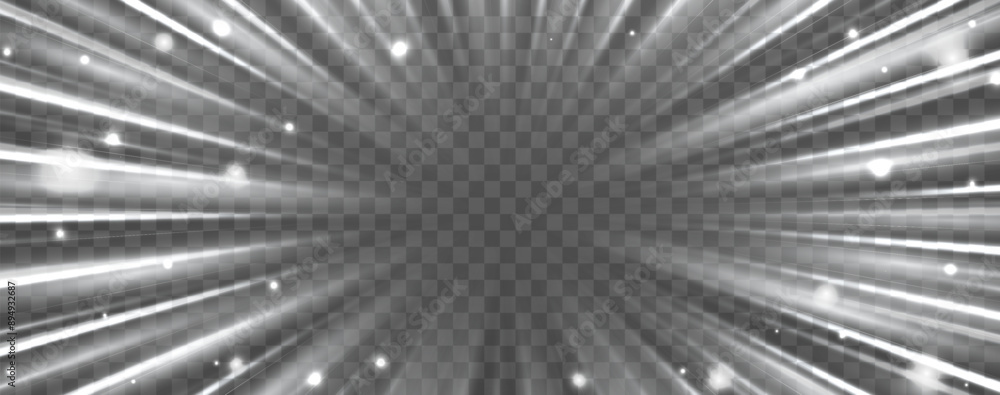 Fototapeta premium White radial speed rays, light neon flow, zoom in motion effect, silver glow speed lines, colorful light trails, perspective stripes Abstract background, vector illustration.