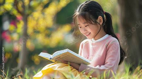 Young asian girl reading a book in a park on a sunny day
