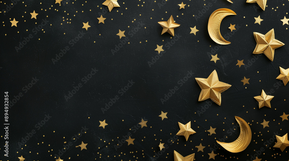 Naklejka premium Golden stars and crescent moon on black background.