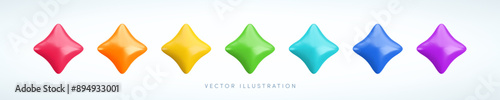 Vector cartoon 3d colorful sparkle star icons set. Cute realistic 3d render, glossy metallic red, yellow, blue, orange, green and purple sparkling four pointed stars collection.