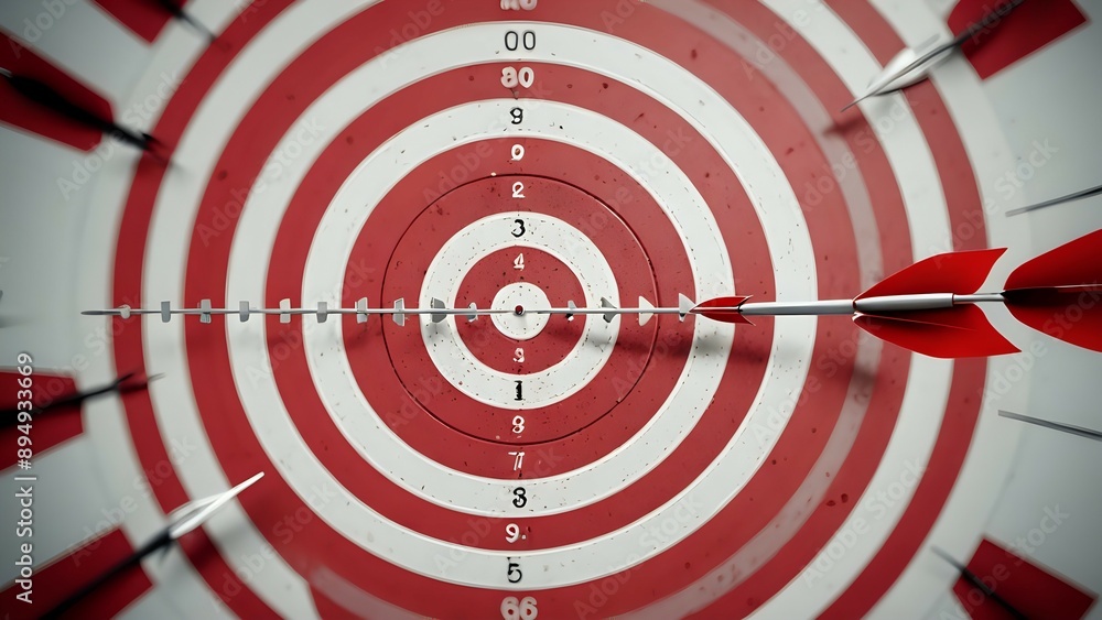 Red dart arrow hitting the center of a red and white target. Red dart arrow hitting the center of a red and white target.