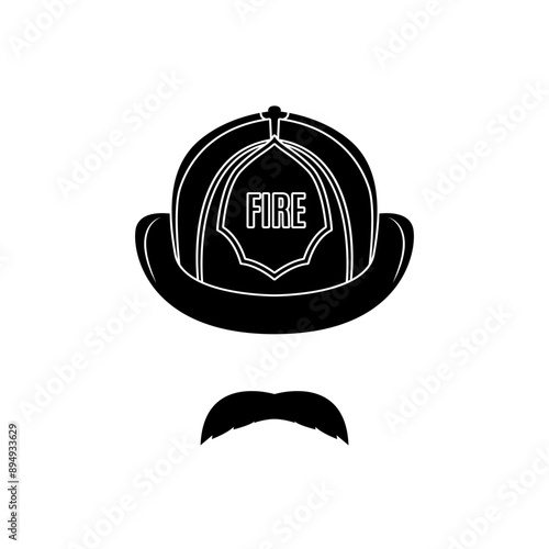 Black and white vector of firefighter helmet with mustache, symbolizing bravery and service.