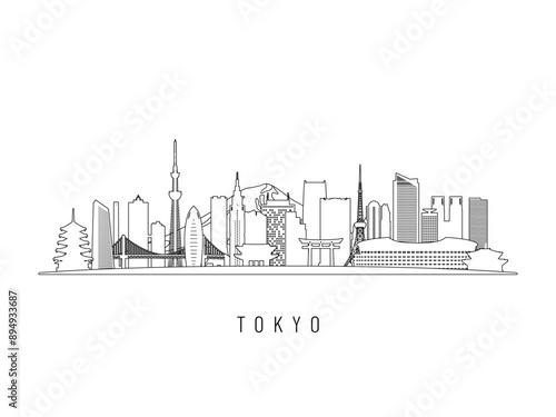 Detailed Tokyo skyline vector illustration. Tokyo buildings in line art style, perfect for modern designs.