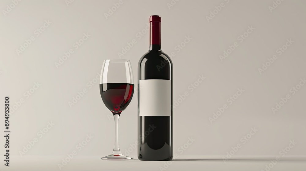 Red wine bottle with a blank label and a filled wine glass next to an empty one, isolated on a white background. Mockup for design. Red wine bottle with a blank label and a filled wine glass next to an empty one, isolated on a white background. Mockup for design.