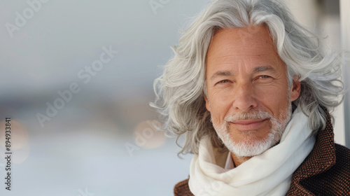 Mature man with long gray hair and beard wearing a scarf, smiling warmly outdoors in a soft focus background photo