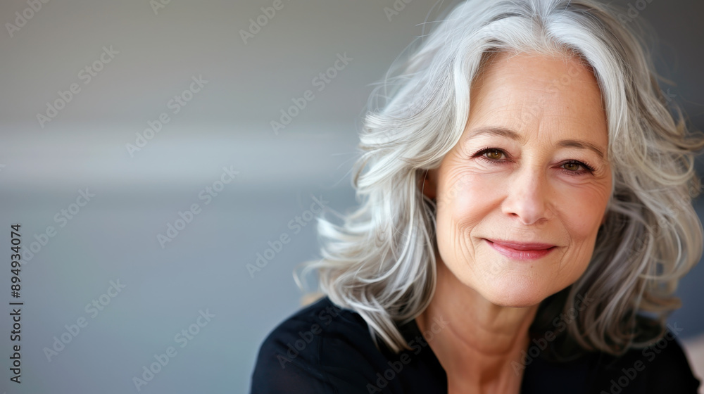 Smiling older woman with long gray hair, wearing a black top, posed against a neutral background, radiating warmth and confidence Smiling older woman with long gray hair, wearing a black top, posed against a neutral background, radiating warmth and confidence