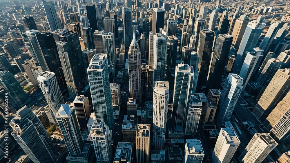 Fototapeta premium Aerial view of a dense urban cityscape, showcasing a network of towering skyscrapers.