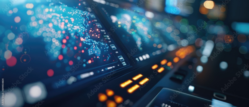Fototapeta premium Performance analytics in a sci-fi control room, holographic screens, blue tones, detailed data visualization, modern tech