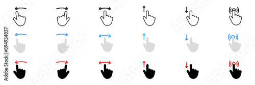 The gesture of swiping an icon, moving the hand with the index finger to the right, left, up or down. Collection of touch touch symbols.