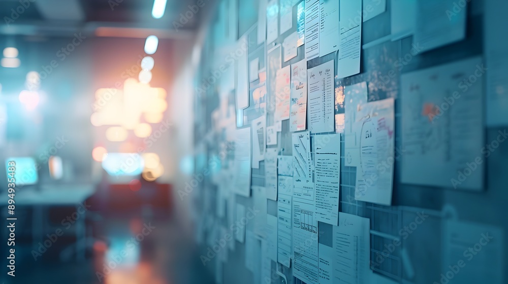 Naklejka premium Blurry Storyboard Wall in an Animation Studio with Ample Copy Space for Text