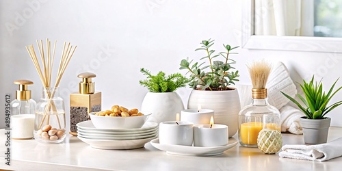 Wallpaper Mural Serene Spa Setting. A bright and airy image featuring a collection of white spa accessories, towels, candles, and delicate flowers, creating a tranquil and luxurious atmosphere. Torontodigital.ca