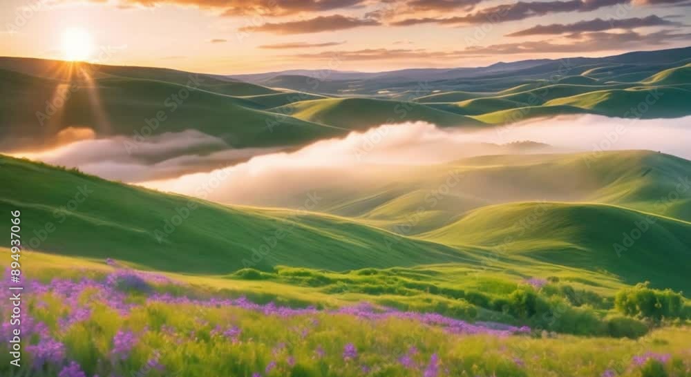 Magical scenery with rolling hills, sparkling blue rivers Magical scenery with rolling hills, sparkling blue rivers