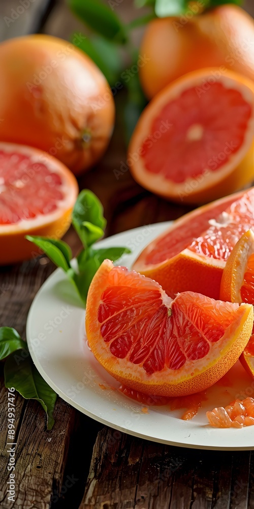 Closeup Of Fresh Grapefruit Slices On A White Plate Closeup Of Fresh Grapefruit Slices On A White Plate
