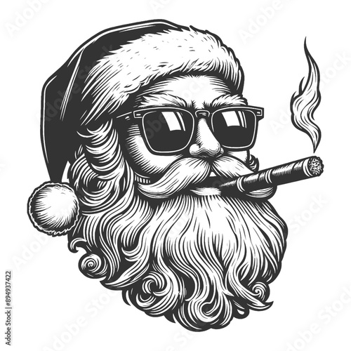 Santa Claus wearing sunglasses and smoking a cigar, christmas holiday character sketch engraving generative ai fictional character vector illustration. Scratch board imitation. Black and white image.