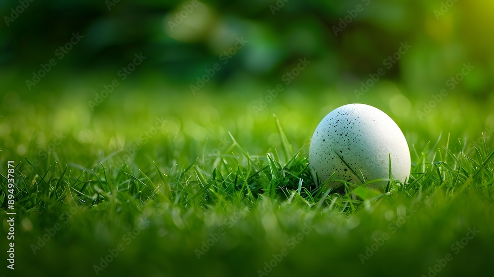 Chicken egg on a soft, rolling green meadow Chicken egg on a soft, rolling green meadow