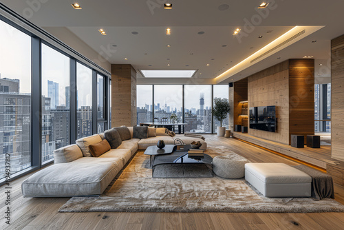 A modern living room with floor-to-ceiling windows showcasing a city skyline. A plush sectional sofa with pillows faces a coffee table, surrounded by a rug