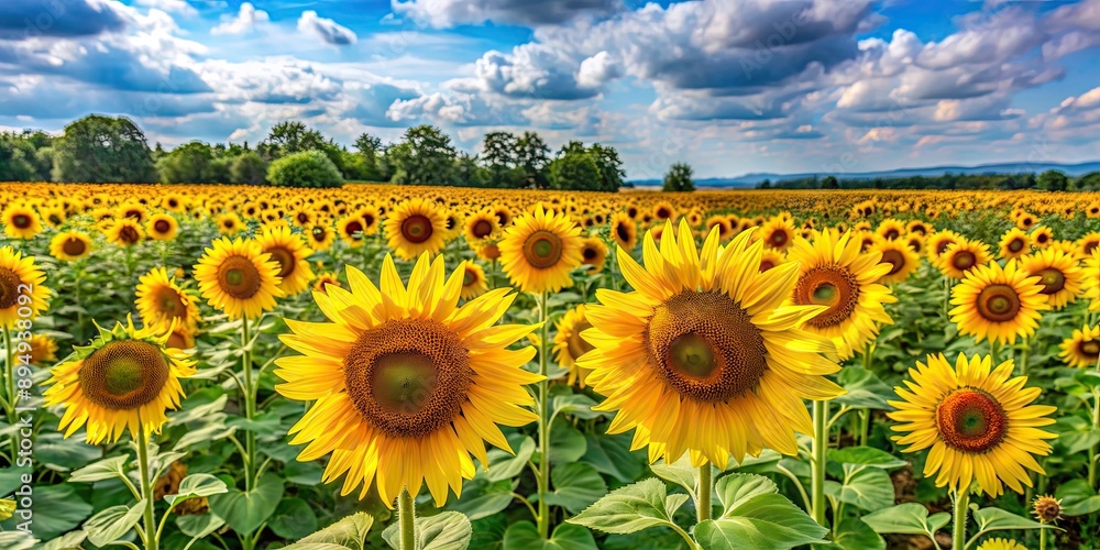 Fototapeta premium Vibrant field of sunflowers in full bloom, summer, agriculture, yellow, flowers, nature, farming, growth, sunny, scenic, outdoors
