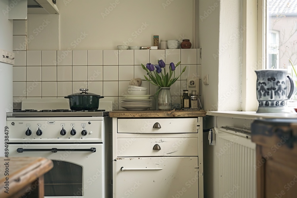 Kitchen interior with modern furniture and flowers in a vase. Kitchen interior with modern furniture and flowers in a vase.
