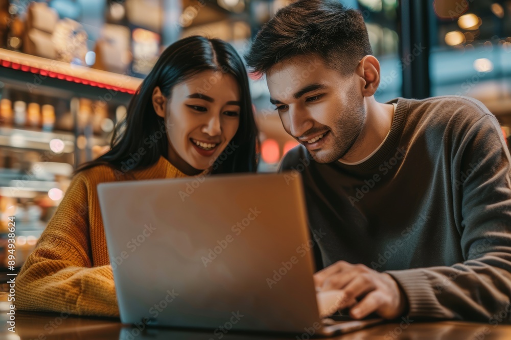 Portrait of a happy couple in their 20s ordering online looking in laptop Portrait of a happy couple in their 20s ordering online looking in laptop