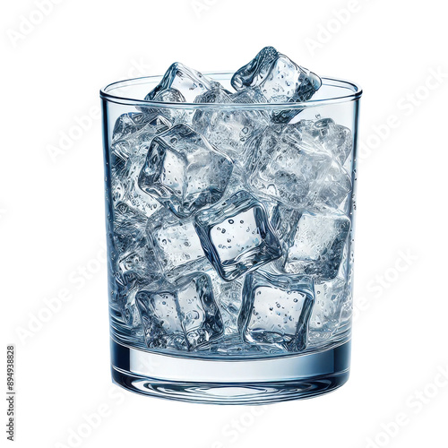 A clear glass filled to the brim with sparkling ice cubes, isolated on a transparent background.