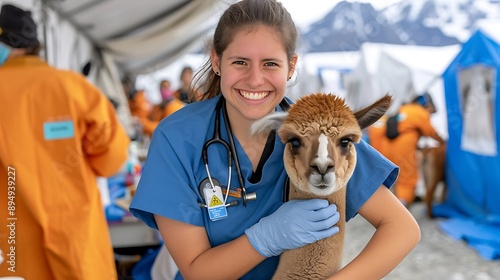 Veterinarian Hugging And Smiling With Llama In A Field Clinic