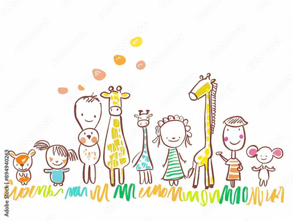 Children's drawing showing children and animals happily playing together. Children's drawing showing children and animals happily playing together.