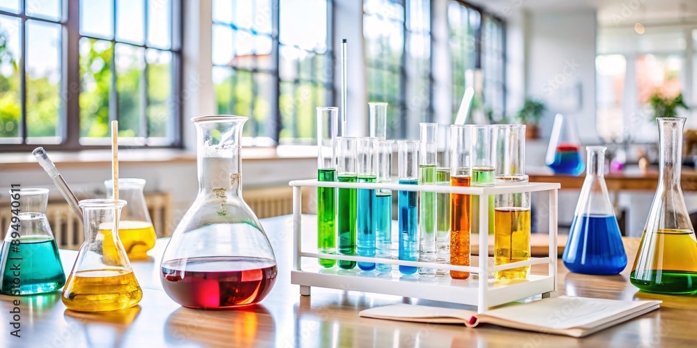 Colorful Chemistry Experiment in a Bright Lab. A variety of glass beakers and test tubes filled with vibrant liquids in a sunlit laboratory setting. Ideal for science, education, and research themes. Colorful Chemistry Experiment in a Bright Lab. A variety of glass beakers and test tubes filled with vibrant liquids in a sunlit laboratory setting. Ideal for science, education, and research themes.
