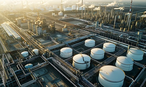 A sprawling oil and gas power plant refinery with storage tanks, illustrating the complexity of energy production and infrastructure photo