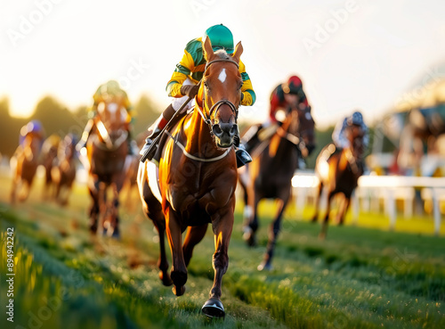 Golden Hour Gallop: A chestnut thoroughbred surges ahead of the pack, jockey focused, in a thrilling horse race bathed in the warm glow of sunset. 