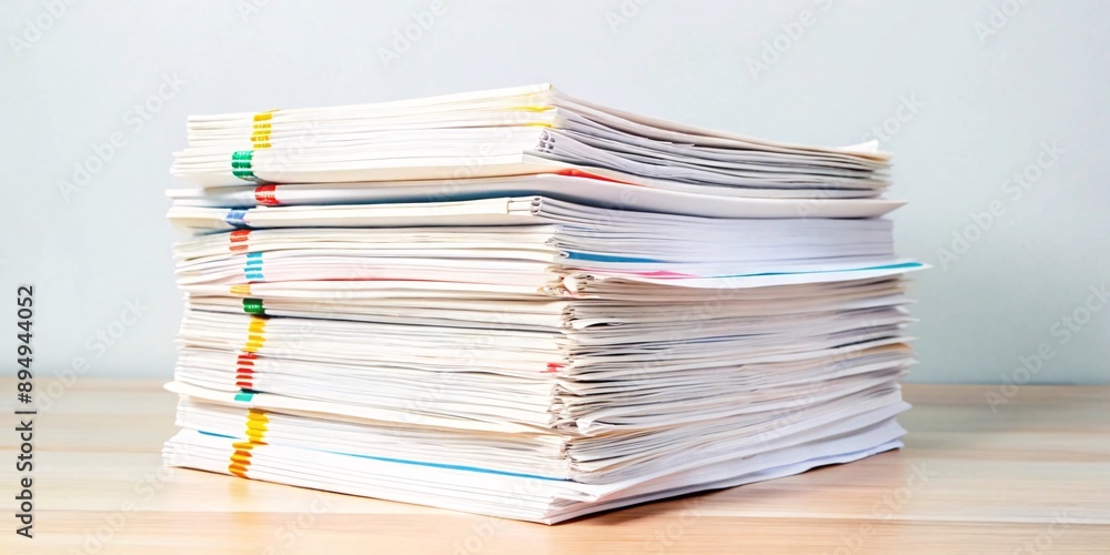 A tall stack of papers with colorful clips sits on a wooden desk against a pale green background. This image evokes a sense of busy work, organization, or perhaps a backlog of tasks. A tall stack of papers with colorful clips sits on a wooden desk against a pale green background. This image evokes a sense of busy work, organization, or perhaps a backlog of tasks.
