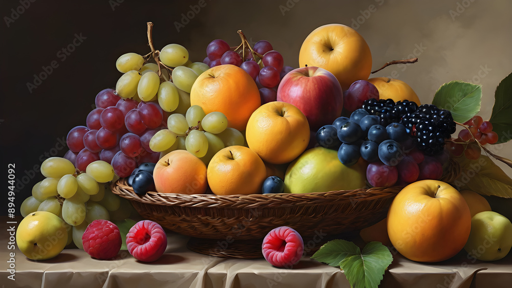 Still life with fruits and berries in a basket on a dark background Still life with fruits and berries in a basket on a dark background