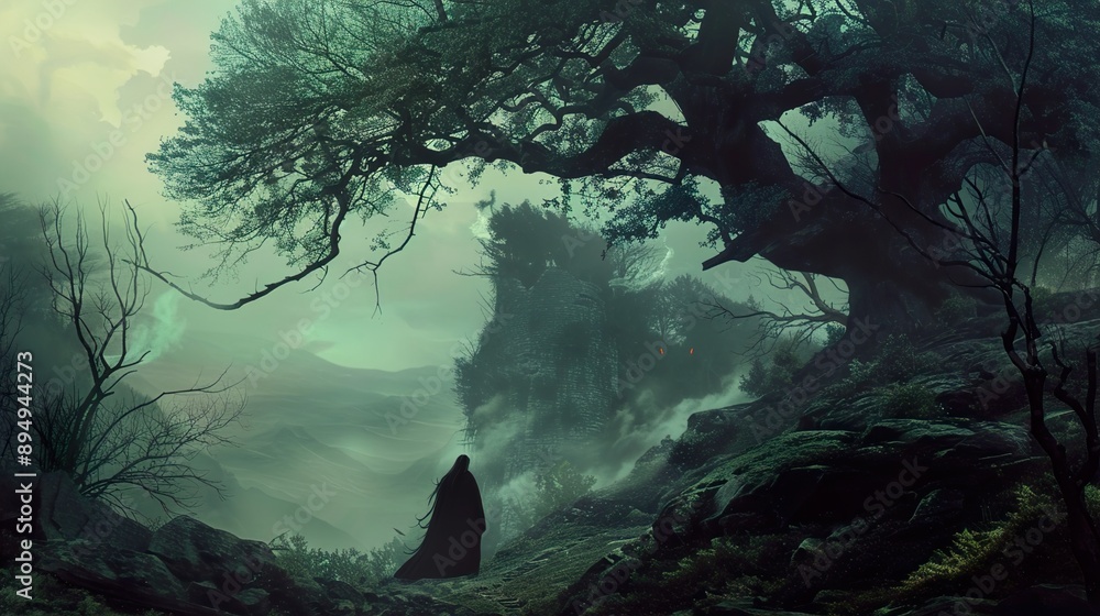 Silhouette of a priest in a spooky forest Silhouette of a priest in a spooky forest