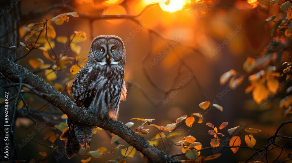 Great gray owl from Norway perched in tree at sunset with empty space Great gray owl from Norway perched in tree at sunset with empty space