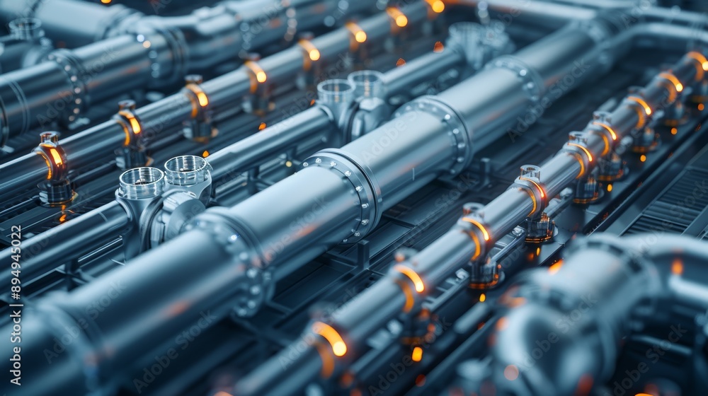 Industrial pipeline network with metal tubes and orange lights. High-tech engineering infrastructure ideal for industry and technology concepts. Industrial pipeline network with metal tubes and orange lights. High-tech engineering infrastructure ideal for industry and technology concepts.