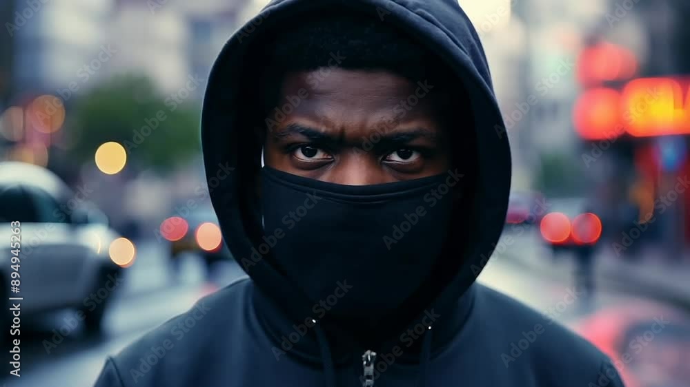 Man wearing black hoodie and black ski mask menacing face on city street Man wearing black hoodie and black ski mask menacing face on city street