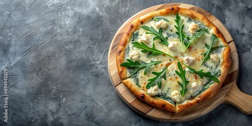 Four cheese pizza quattro fromaggi with arugula leaves on a wooden board on gray concrete. Top view photo