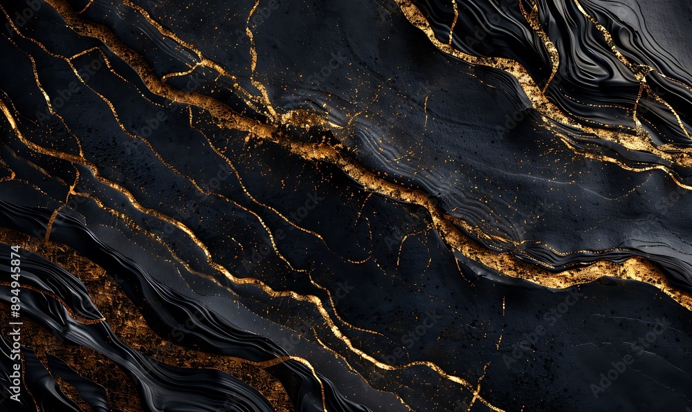 Abstract black surface with organic gold veins running through, creating a luxurious pattern Abstract black surface with organic gold veins running through, creating a luxurious pattern
