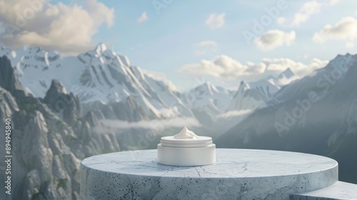 Firming face cream on a granite podium, with a serene mountain range in the background digital podium backdrop, neutral lighting, ultrawide shot, photorealistic, high quality photo