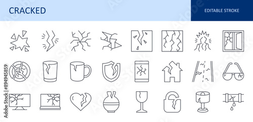 Vector icons cracked glass, dishware. Broken display smartphone, laptop, TV. Crack in the ground, asphalt, water pipe. Damaged house, window, lock, vase, lamp, glasses. Editable stroke thin line set